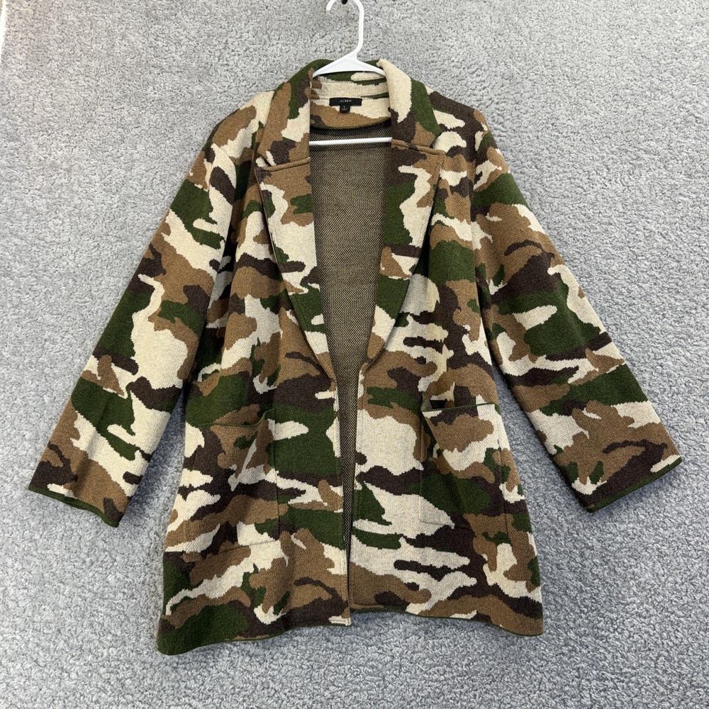 J‎ Crew Sweater Jacket Womens Large Camo Green Brown Knit Open Front Coatigan